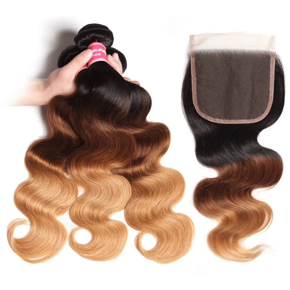 Ombre 1b/4/27 3 Tones Body Wave 3 Bundles with 4X4 lace Closure 100% Real Human Hair - Perismoda Hair